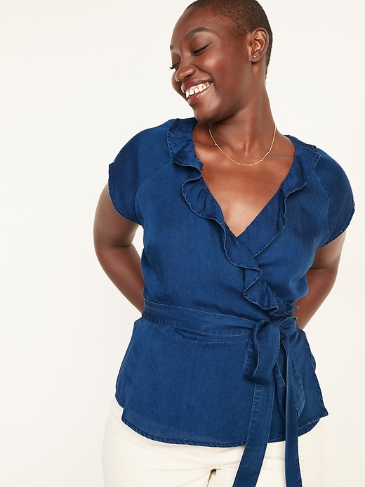 Image number 1 showing, Ruffled Tie-Belt Chambray Wrap Top for Women