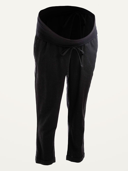 View large product image 1 of 1. Maternity Rollover-Waist Linen-Blend Straight Cropped Pants