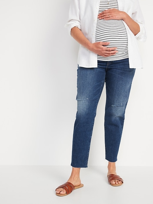 Image number 1 showing, Maternity Full Panel O.G. Straight Ripped Cut-Off Jeans