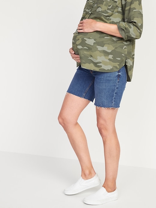 Image number 1 showing, Maternity Full Panel Relaxed Cut-Off Jean Shorts -- 7-inch inseam