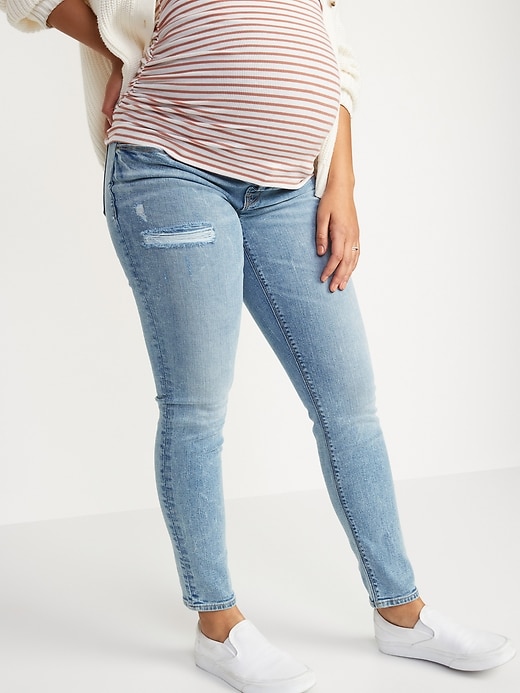 Image number 1 showing, Maternity Premium Full Panel Rockstar Super Skinny Ripped Jeans