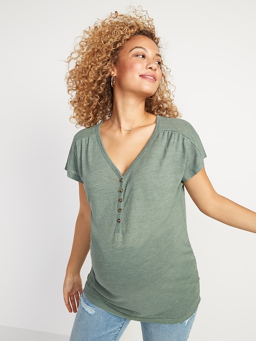 View large product image 1 of 3. Maternity V-Neck Linen-Blend Side-Shirred Henley Tee