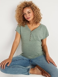 View large product image 3 of 3. Maternity V-Neck Linen-Blend Side-Shirred Henley Tee