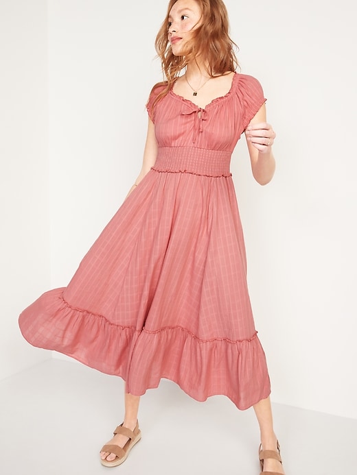 View large product image 1 of 2. Waist-Defined Smocked Dobby Midi Dress for Women