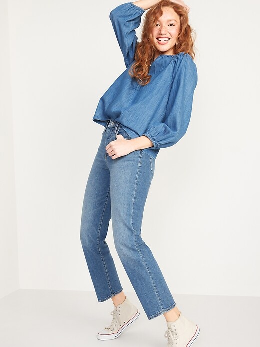 Image number 3 showing, Smocked-Yoke Button-Front Jean Blouse for Women