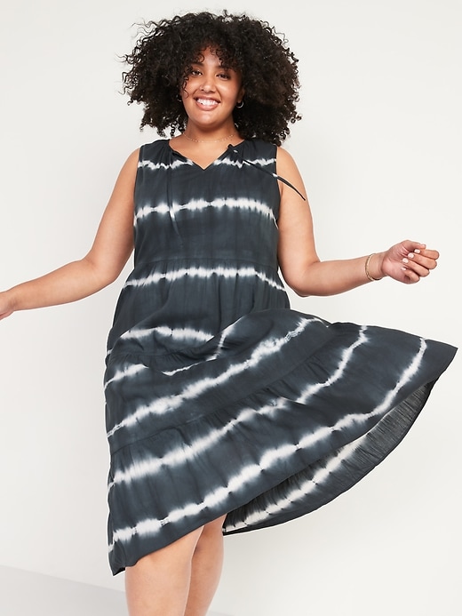 View large product image 1 of 2. Tiered Tie-Neck Tie-Dyed Plus-Size Midi Swing Dress