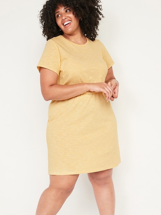 View large product image 1 of 1. Striped Slub-Knit Waist-Defined Plus-Size T-Shirt Dress