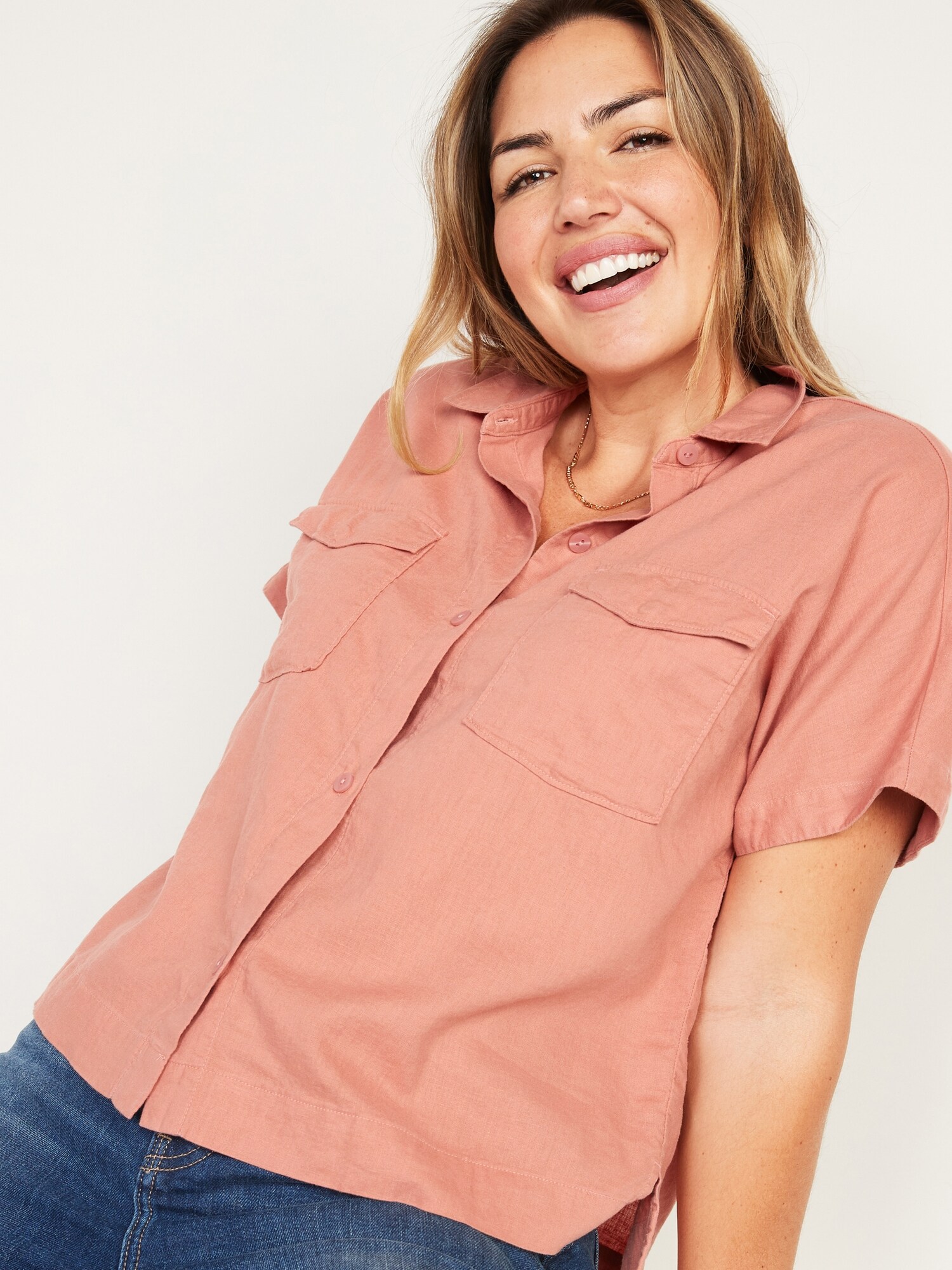 Linen-Blend Utility-Pocket Short-Sleeve Shirt for Women