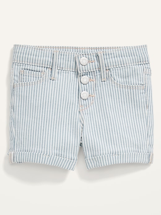 View large product image 1 of 2. Railroad-Stripe Snap-Fly Jean Shorts for Toddler Girls