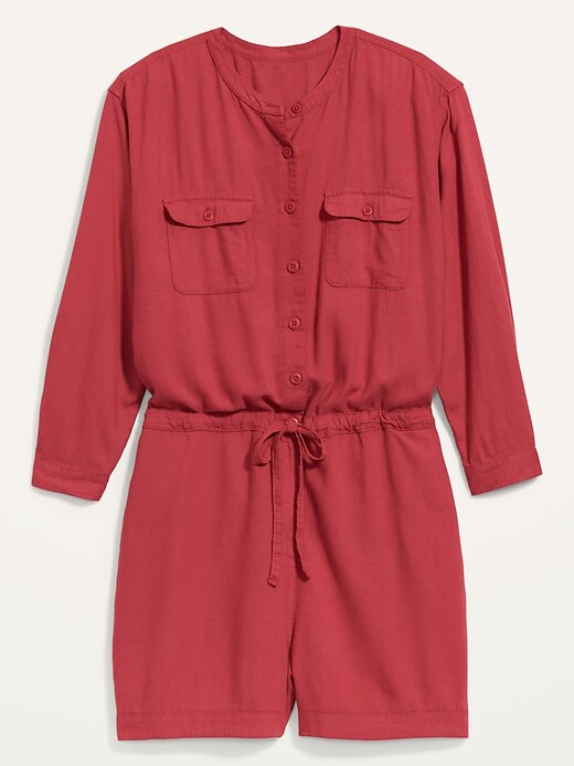 Image number 4 showing, Waist-Defined Long-Sleeve Twill Plus-Size Utility Romper -- 3.75-inch inseam