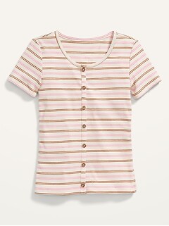 Rib-Knit Button-Front Short-Sleeve Top for Girls