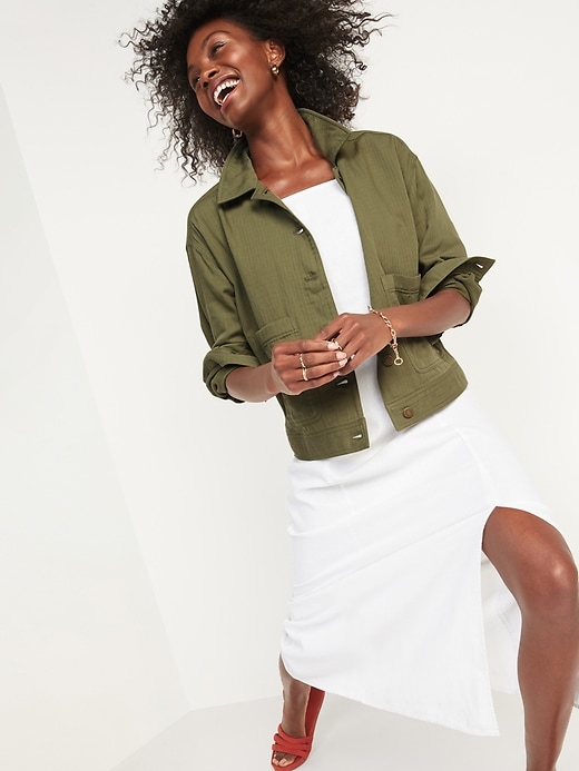 Image number 3 showing, Cropped Textured-Twill Utility Jacket for Women