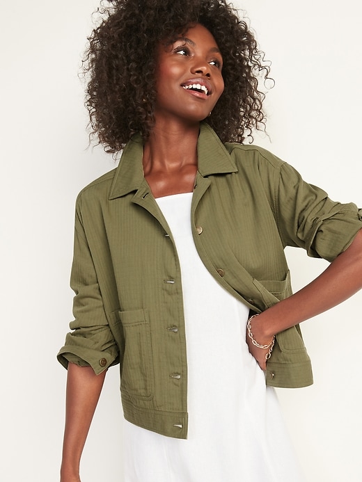 Image number 1 showing, Cropped Textured-Twill Utility Jacket for Women