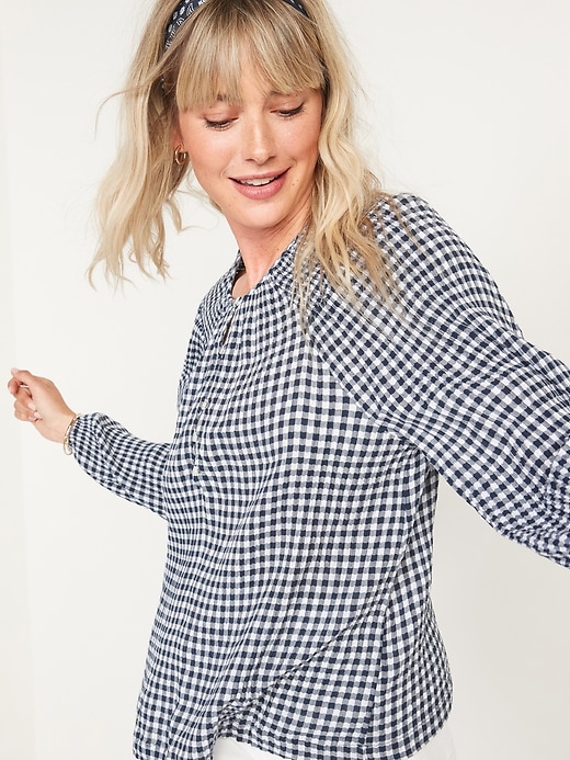 View large product image 1 of 1. Gingham Smocked-Shoulder Poet Blouse for Women