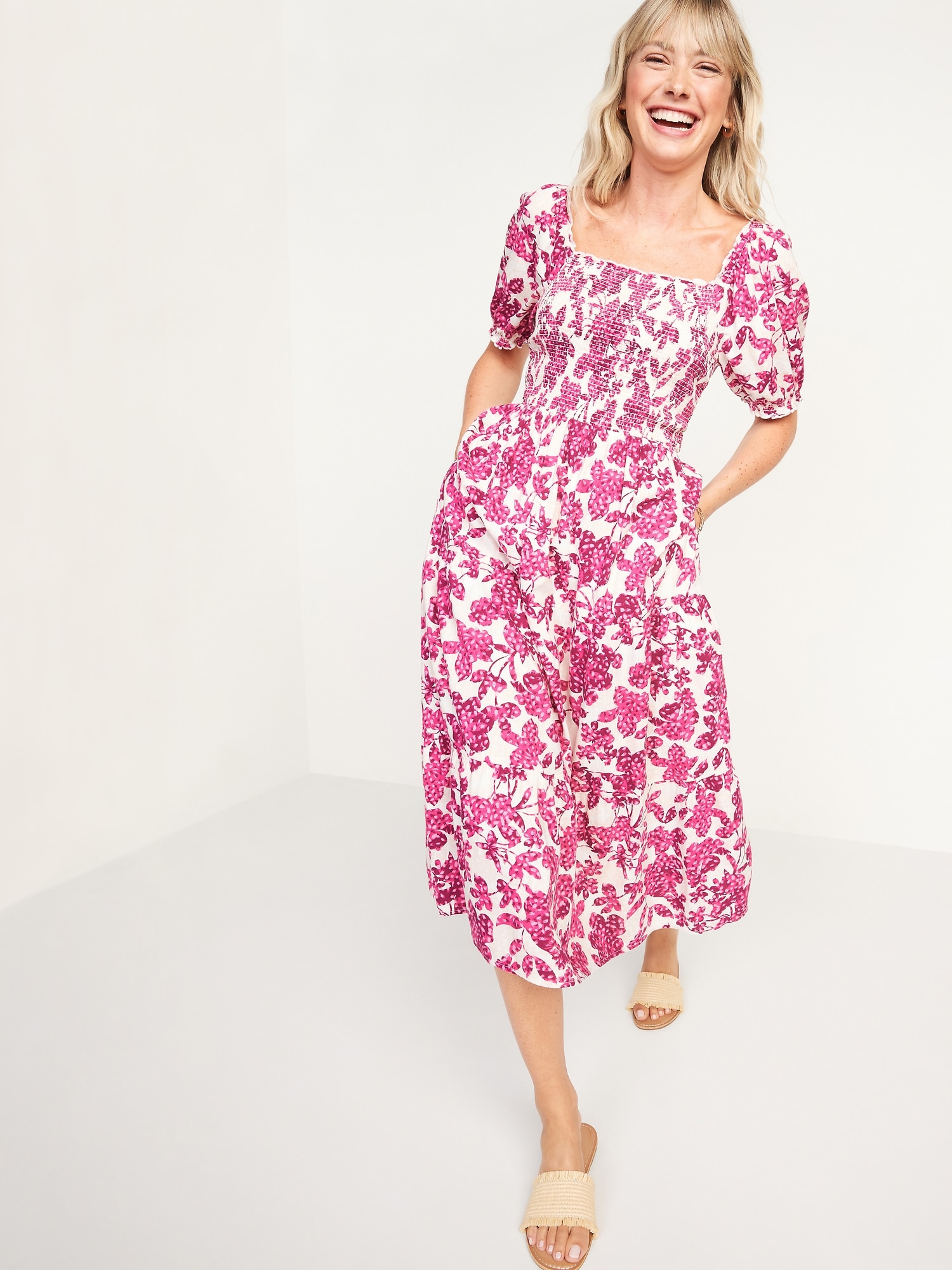 Fit & Flare Puff-Sleeve Tiered Floral Midi Dress For Women | Old Navy