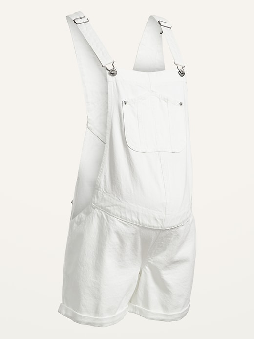 Image number 4 showing, Maternity Side-Panel Slouchy White Jean Short Overalls -- 5-inch inseam