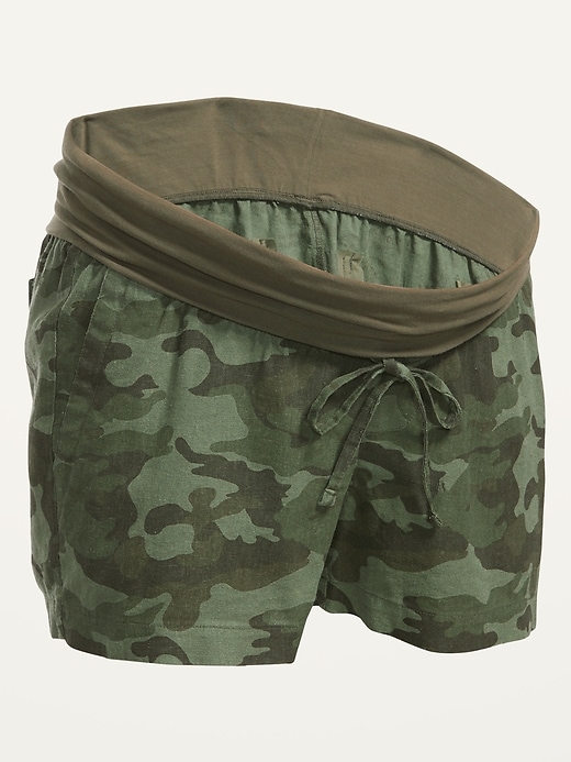 Image number 4 showing, Maternity Rollover-Waist Camo Linen-Blend Shorts -- 4-inch inseam
