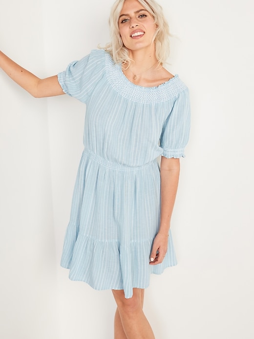 Image number 1 showing, Smocked Waist-Defined Dobby-Stripe Dress for Women