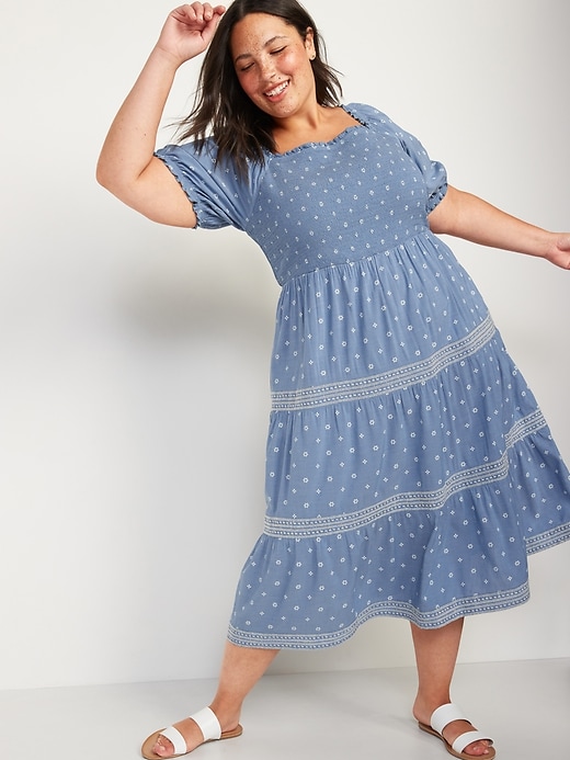 Old Navy - Puff-Sleeved Smocked Fit & Flare Chambray Plus-Size Midi ...