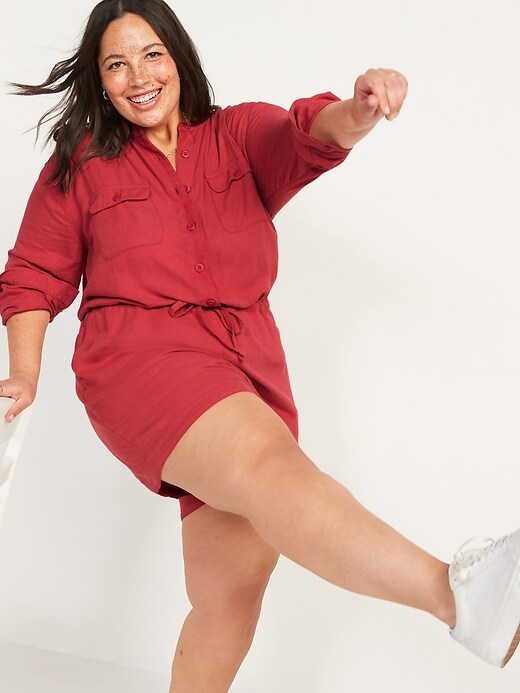 Image number 3 showing, Waist-Defined Long-Sleeve Twill Plus-Size Utility Romper -- 3.75-inch inseam