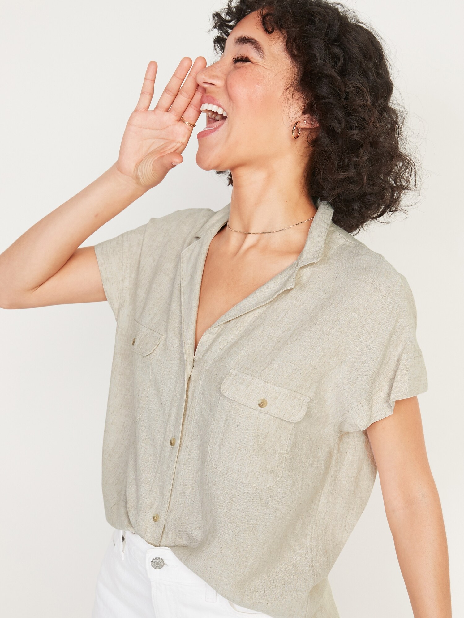 Short sleeve linen-blend shirt - Women