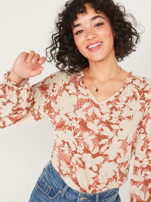 Image number 1 showing, Ruffled Floral-Print Split-Neck Blouse for Women
