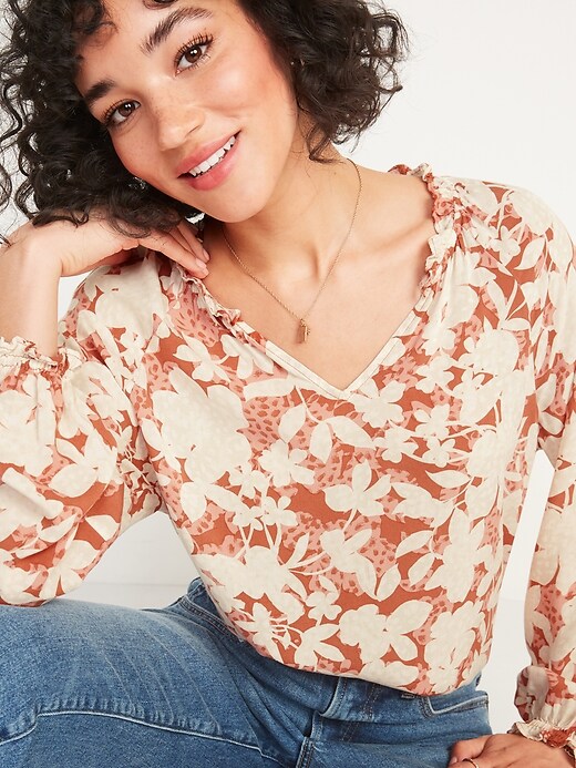 Image number 3 showing, Ruffled Floral-Print Split-Neck Blouse for Women