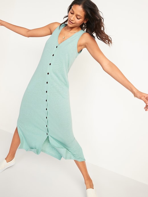 View large product image 1 of 1. Sleeveless Linen-Blend Button-Front Midi Shift Dress for Women