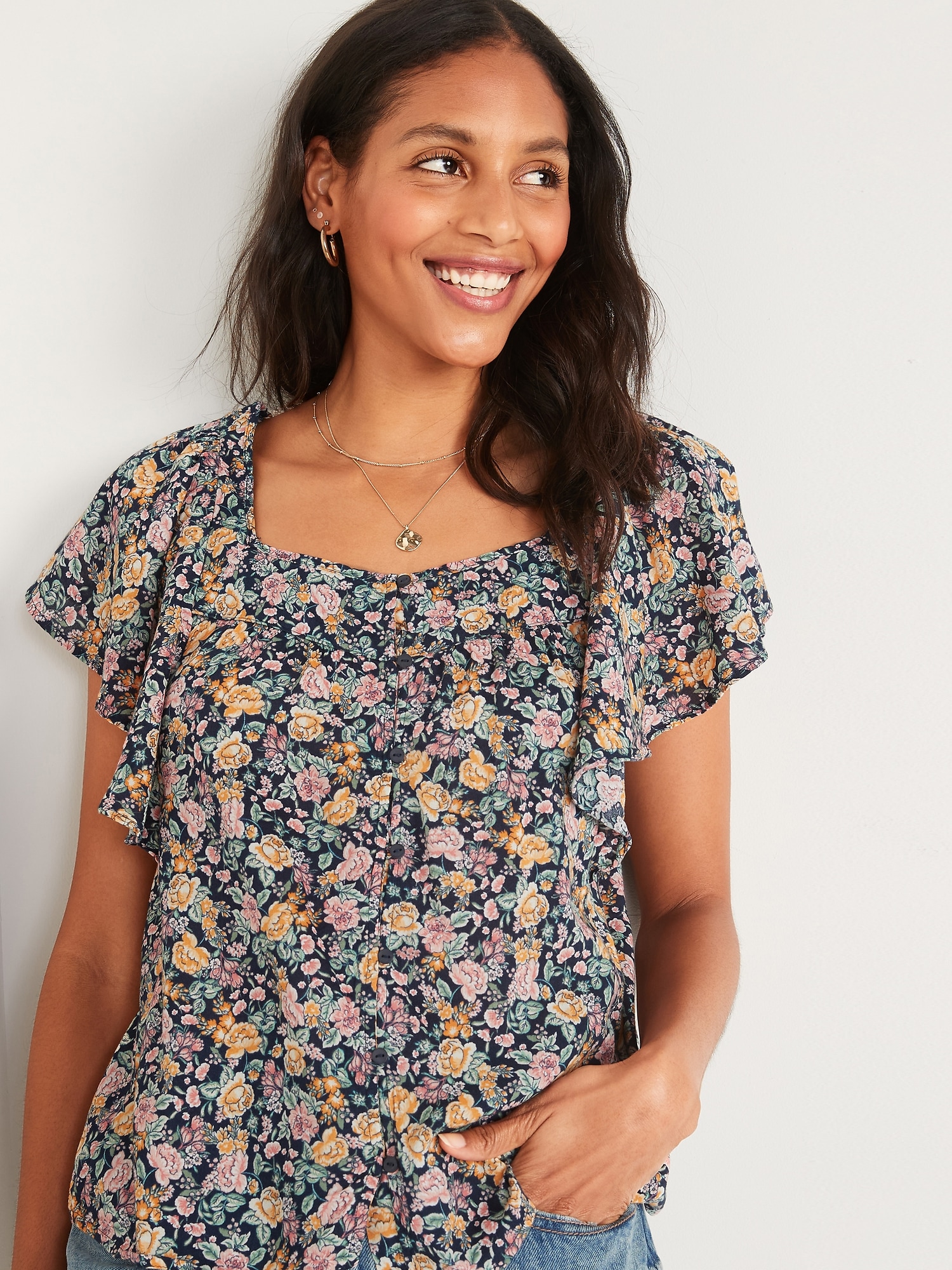 Stylish Navy Floral Square Neck Top