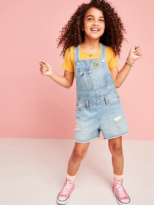 View large product image 1 of 3. Light-Wash Distressed Jean Shortalls for Girls