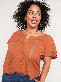 Oversized Clip-Dot Crochet-Lace No-Peek Plus-Size Blouse