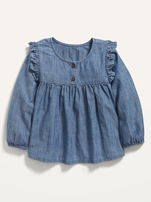 View large product image 1 of 2. Long-Sleeve Ruffle-Trim Chambray Top for Toddler Girls