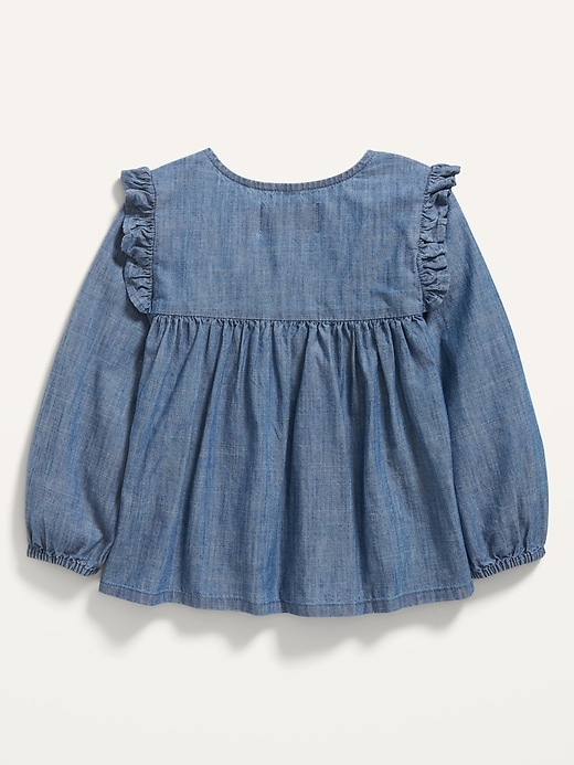 View large product image 2 of 2. Long-Sleeve Ruffle-Trim Chambray Top for Toddler Girls