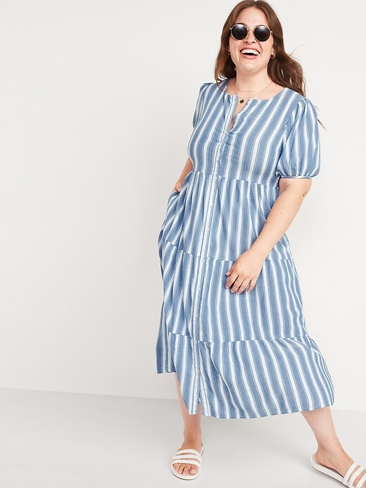 Image number 7 showing, Puff-Sleeve Tiered Striped Midi Swing Dress for Women