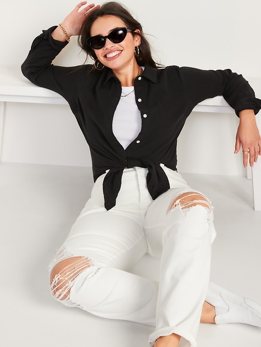 Image number 3 showing, Long-Sleeve Textured Classic Shirt for Women