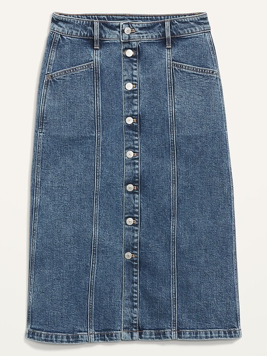 Image number 4 showing, High-Waisted Button-Front Medium Acid-Wash Jean Midi Skirt