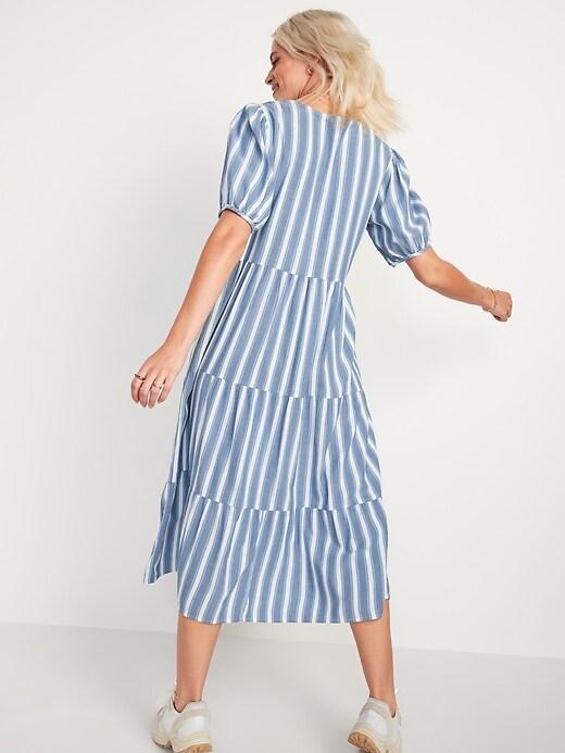 Image number 6 showing, Puff-Sleeve Tiered Striped Midi Swing Dress for Women