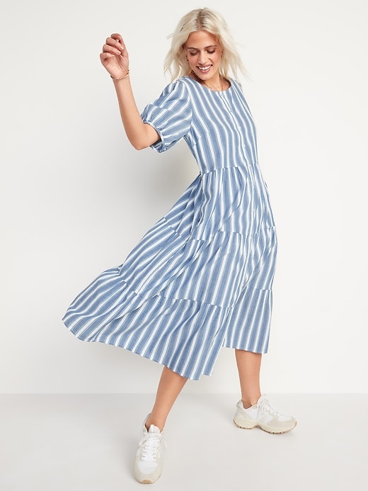Image number 5 showing, Puff-Sleeve Tiered Striped Midi Swing Dress for Women