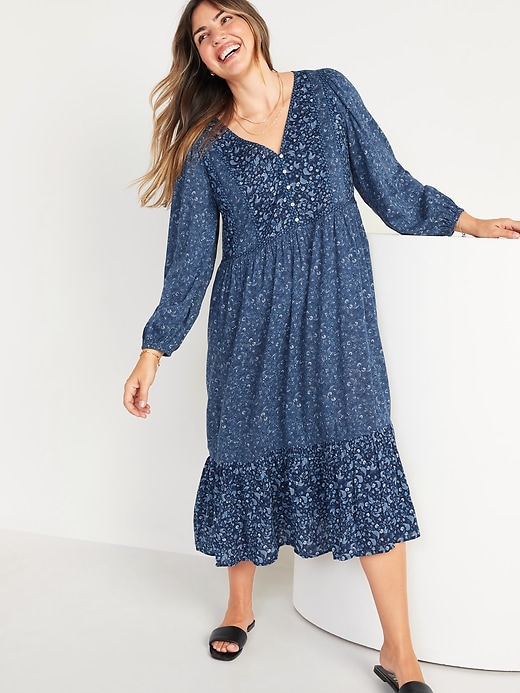 Long-Sleeve Fit & Flare Tiered Midi Dress for Women | Old Navy