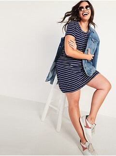 Waist-Defined Striped Slub-Knit Mini T-Shirt Dress for Women