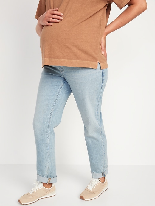 Image number 1 showing, Maternity Full Panel Slouchy Straight Cut-Off Jeans