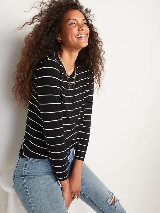 View large product image 1 of 1. Luxe Long-Sleeve Crew-Neck Striped T-Shirt