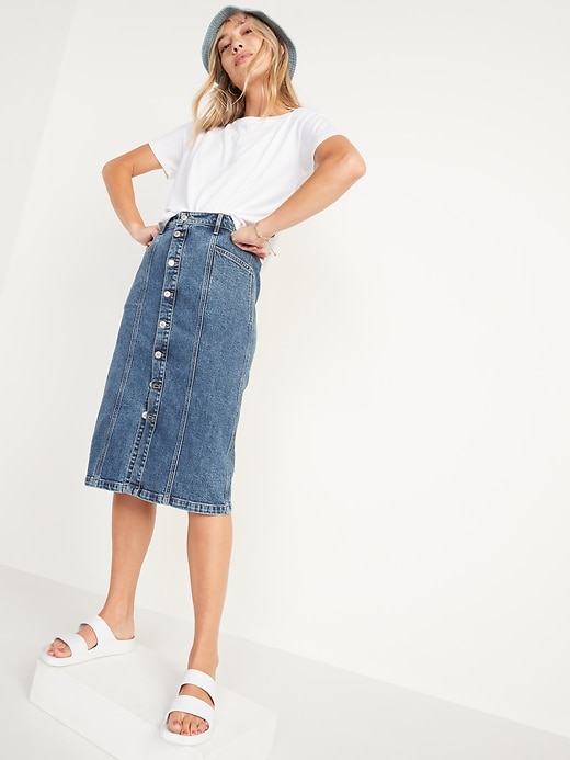 Image number 3 showing, High-Waisted Button-Front Medium Acid-Wash Jean Midi Skirt