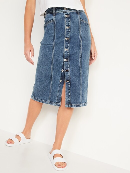 Image number 5 showing, High-Waisted Button-Front Medium Acid-Wash Jean Midi Skirt