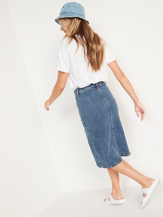 Image number 6 showing, High-Waisted Button-Front Medium Acid-Wash Jean Midi Skirt