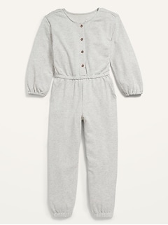 Cozy Long-Sleeve Button-Front French Terry Jumpsuit for Girls