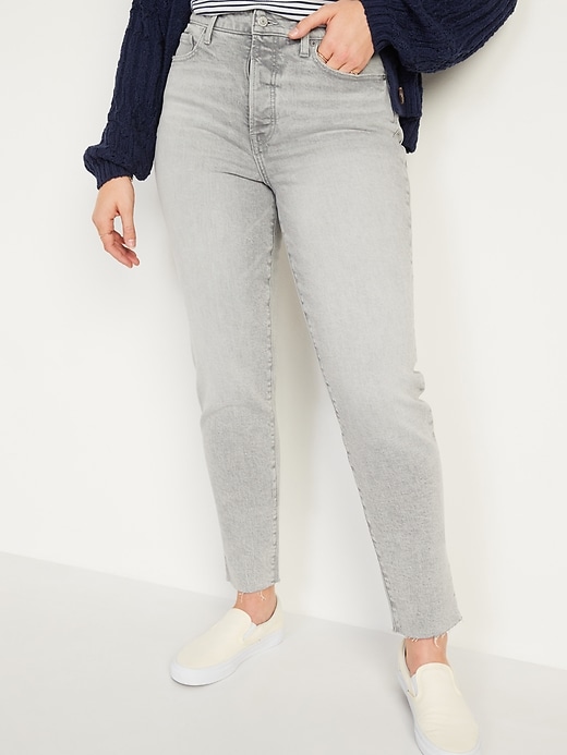 Image number 1 showing, High-Waisted O.G. Straight Button-Fly Gray Cut-Off Jeans for Women