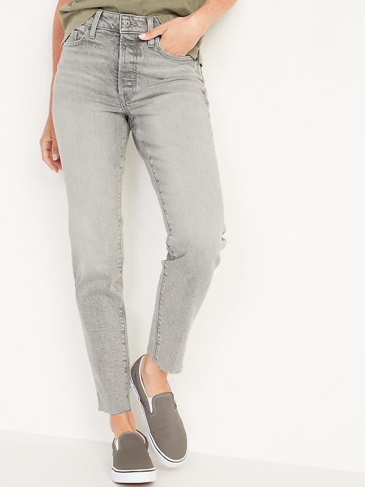 Image number 5 showing, High-Waisted O.G. Straight Button-Fly Gray Cut-Off Jeans for Women
