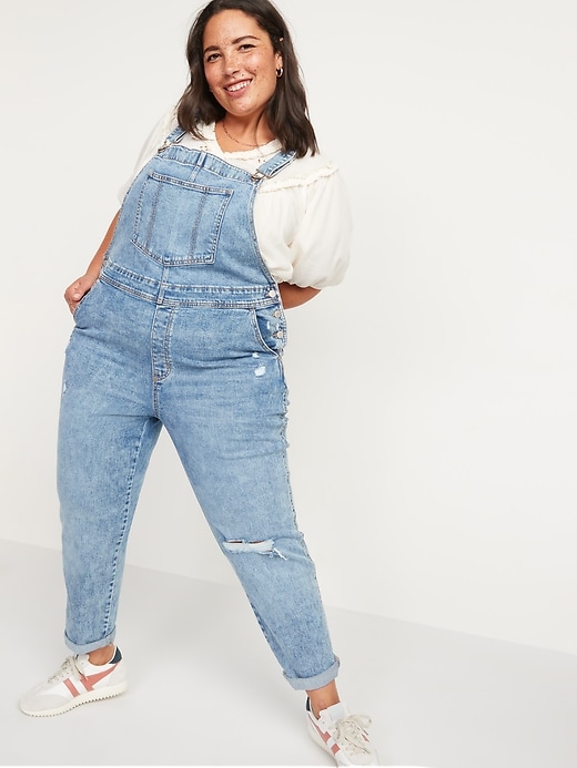 Image number 7 showing, O.G. Workwear Straight Medium-Wash Ripped Jean Overalls for Women