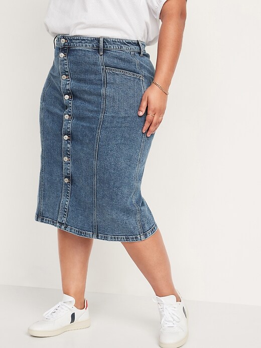Image number 7 showing, High-Waisted Button-Front Medium Acid-Wash Jean Midi Skirt